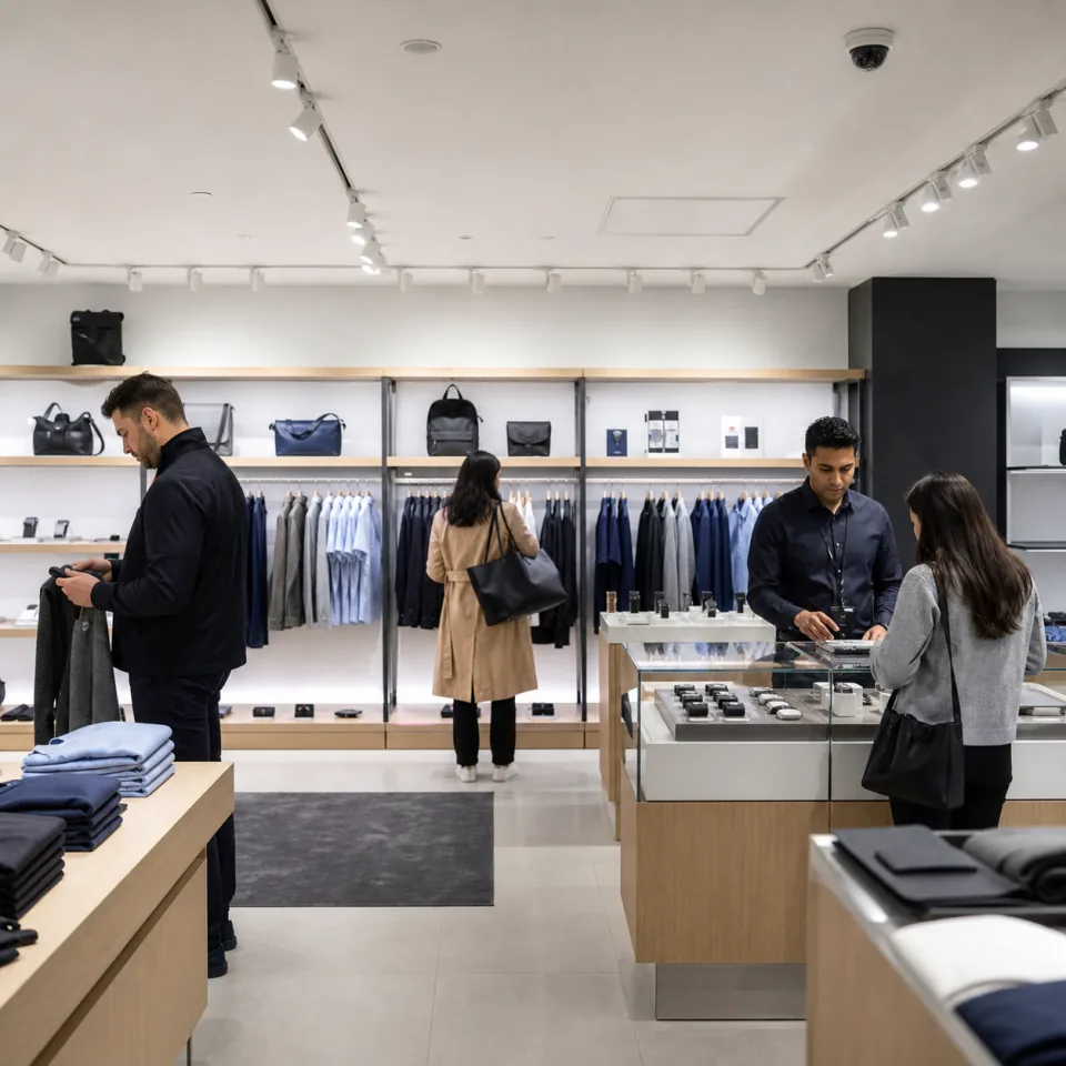 Customers and staff inside a modern retail store monitored by an existing camera