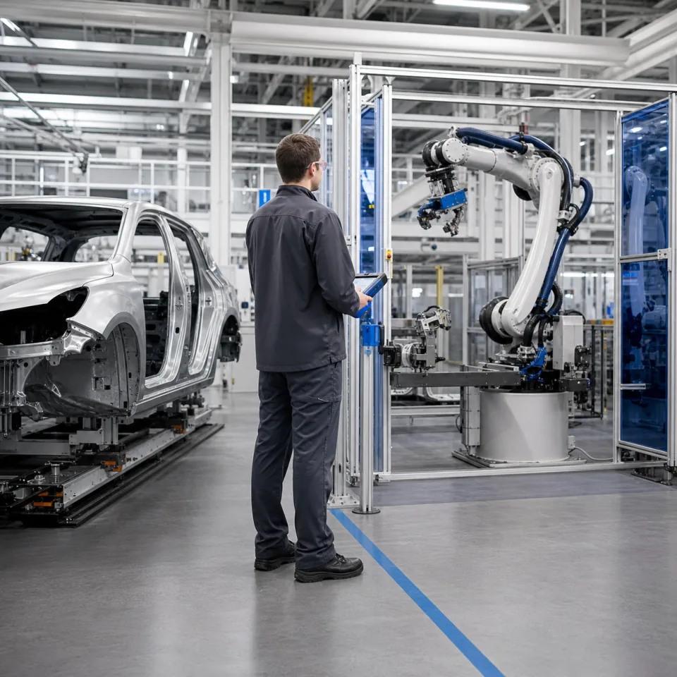 Industrial technician working beside a protected robotic manufacturing cell