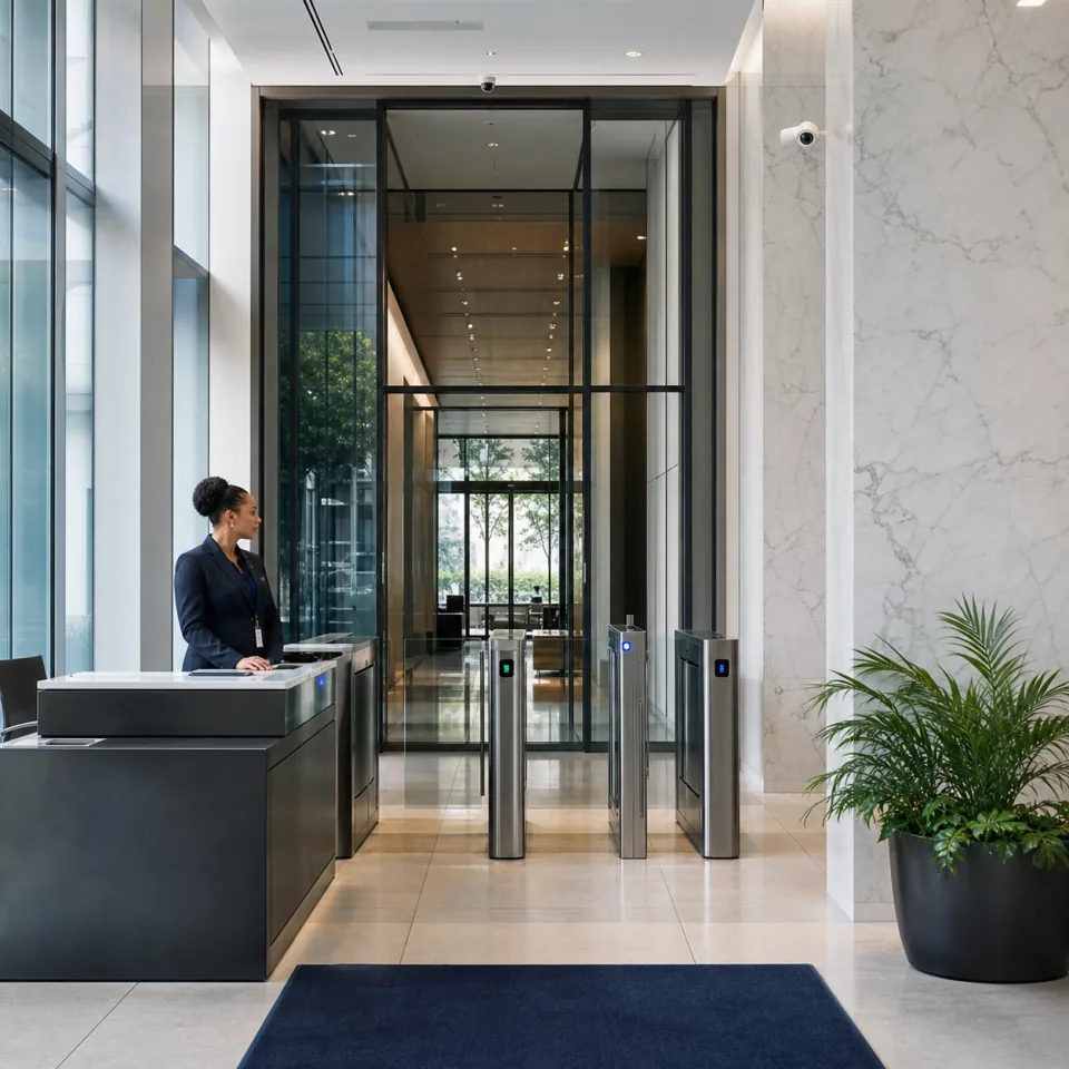 Secure entrance and access control inside a modern bank branch